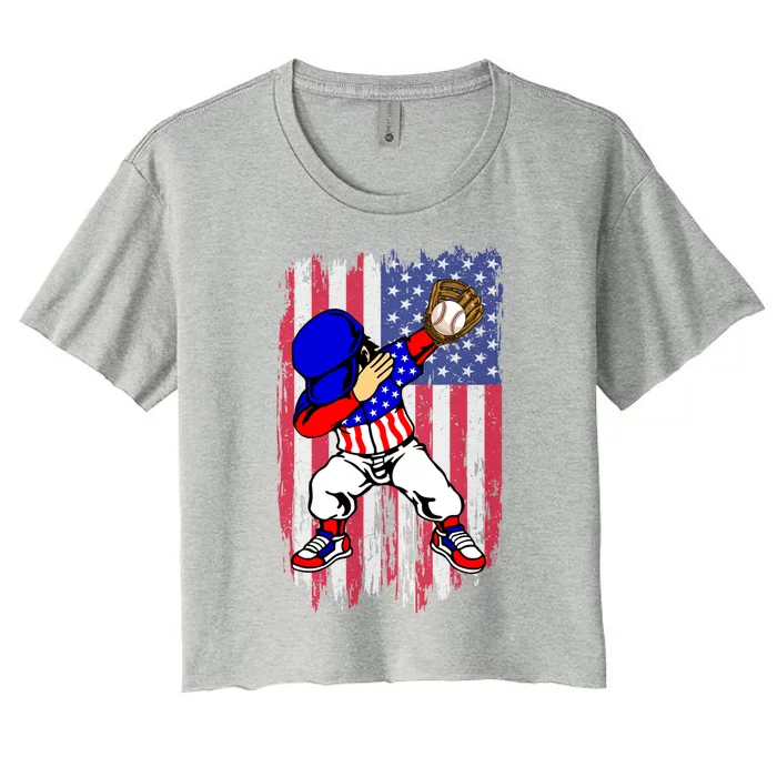 Dabbing Baseball Player 4th Of July American Flag Cute Gift Women's Crop Top Tee