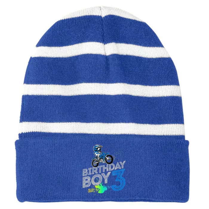 Dirt Bike Rider 3 Years Old Motocross 3rd Birthday Striped Beanie with Solid Band