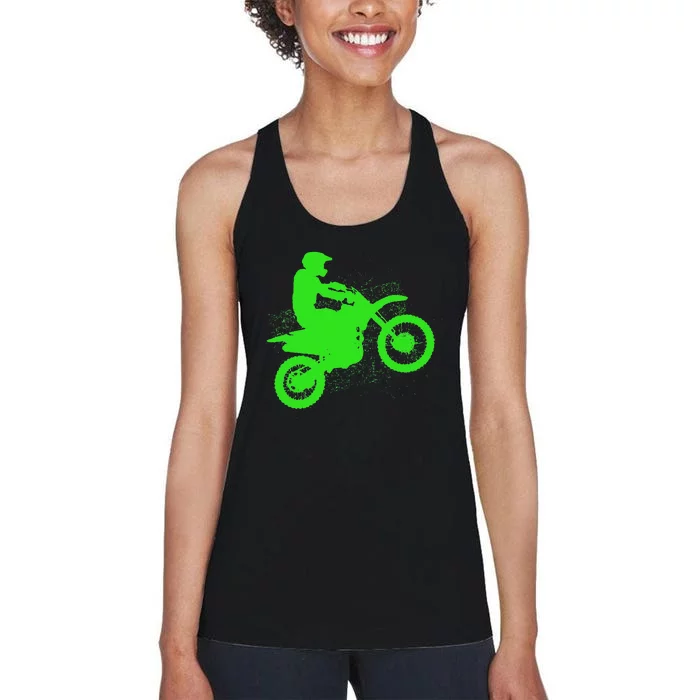 Dirt Bike Rider Tire Tracks Neon Green Women's Racerback Tank