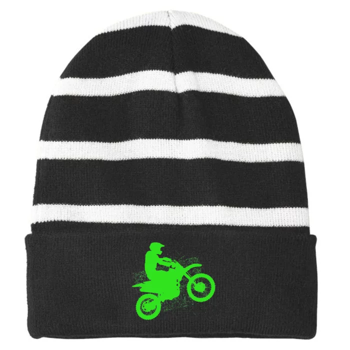 Dirt Bike Rider Tire Tracks Neon Green Striped Beanie with Solid Band