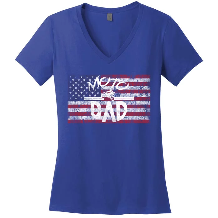 Dirt Bike Racing American Flag Moto Dad Great Gift Women's V-Neck T-Shirt