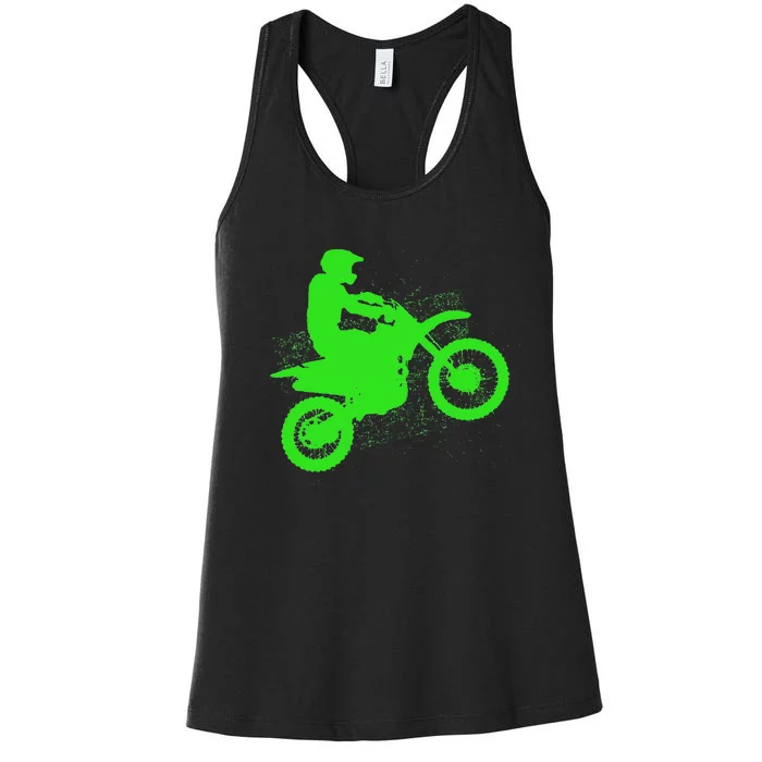 Dirt Bike Rider Tire Tracks Neon Green Women's Racerback Tank