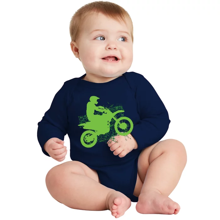 Dirt Bike Rider Tire Tracks Neon Green Baby Long Sleeve Bodysuit