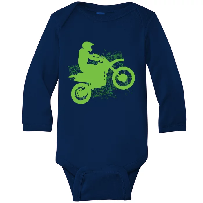 Dirt Bike Rider Tire Tracks Neon Green Baby Long Sleeve Bodysuit