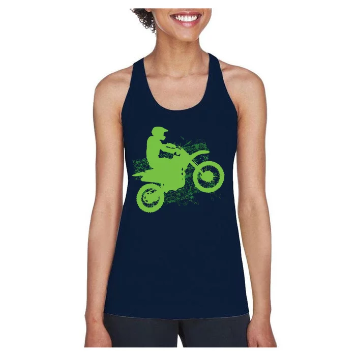 Dirt Bike Rider Tire Tracks Neon Green Women's Racerback Tank