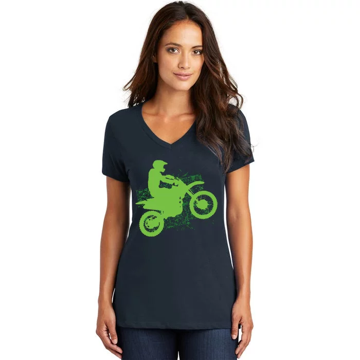 Dirt Bike Rider Tire Tracks Neon Green Women's V-Neck T-Shirt