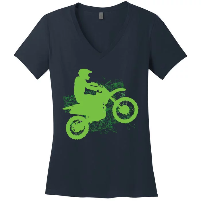 Dirt Bike Rider Tire Tracks Neon Green Women's V-Neck T-Shirt