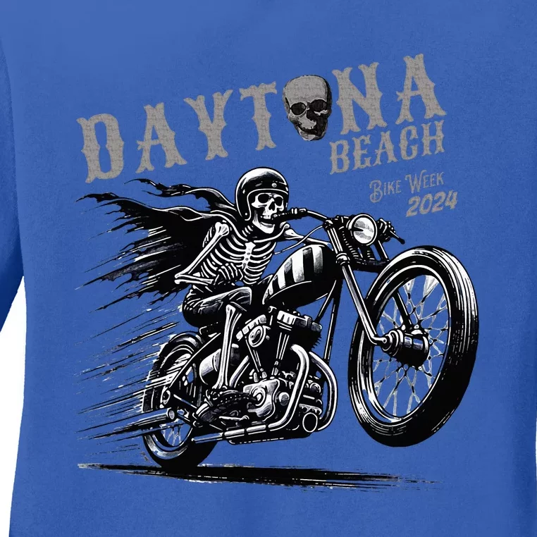 Daytona Beach Skeleton Rider Motorcycle Bike Week Ladies Long Sleeve Shirt