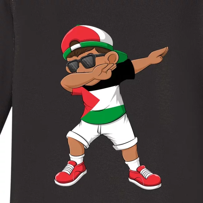 Dabbing Boy State Of Palestine Flag Kids Dab Dance Baby Long Sleeve Bodysuit