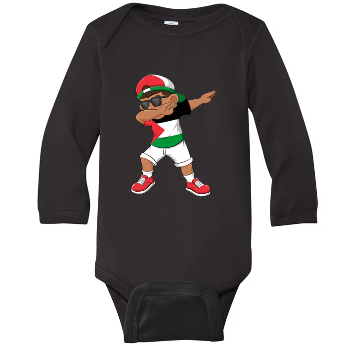 Dabbing Boy State Of Palestine Flag Kids Dab Dance Baby Long Sleeve Bodysuit