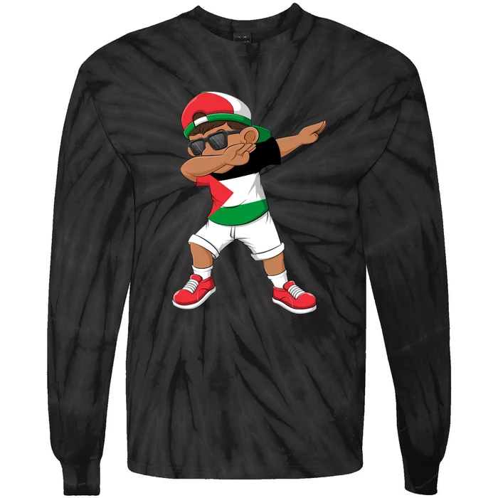 Dabbing Boy State Of Palestine Flag Kids Dab Dance Tie-Dye Long Sleeve Shirt