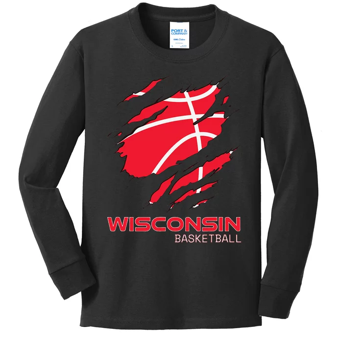 Distressed Basketball The Badger State Home Wisconsin Hoops Kids Long Sleeve Shirt