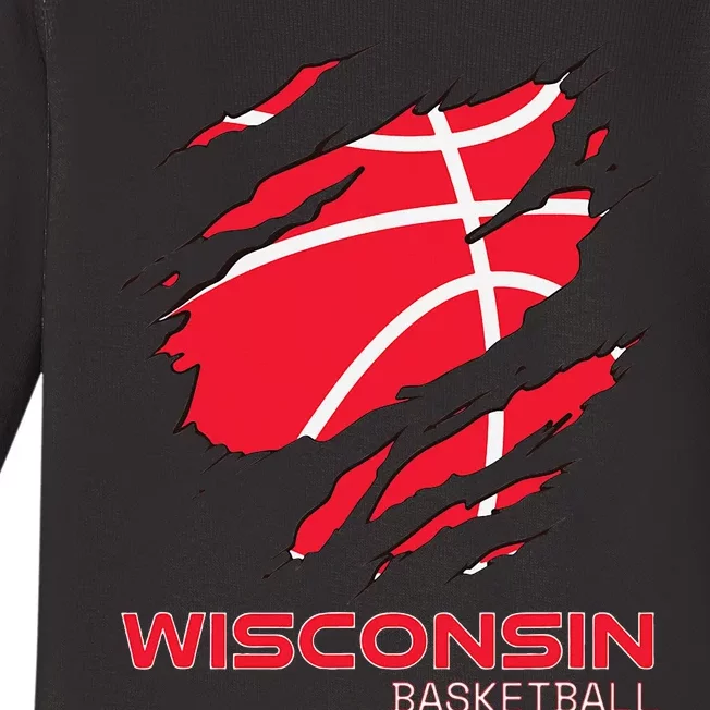 Distressed Basketball The Badger State Home Wisconsin Hoops Baby Long Sleeve Bodysuit