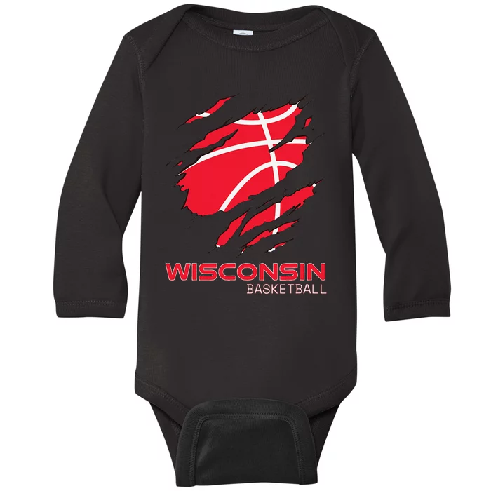 Distressed Basketball The Badger State Home Wisconsin Hoops Baby Long Sleeve Bodysuit