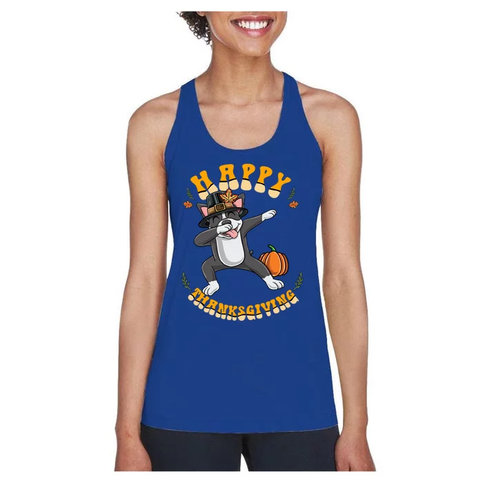 Dabbing Boston Terrier Happy Thanksgiving Gift Women's Racerback Tank