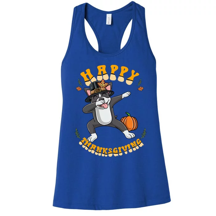 Dabbing Boston Terrier Happy Thanksgiving Gift Women's Racerback Tank