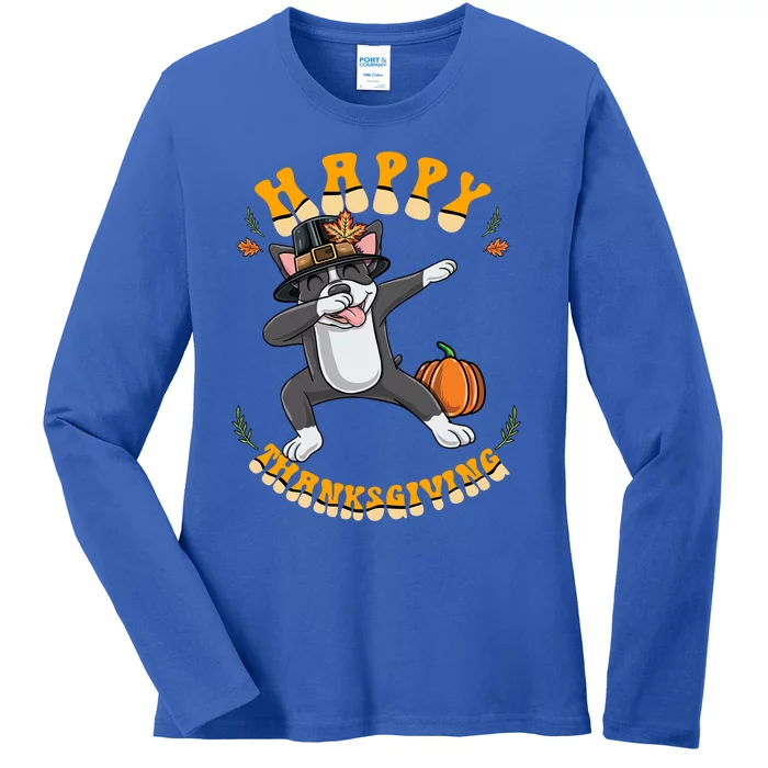 Dabbing Boston Terrier Happy Thanksgiving Gift Ladies Long Sleeve Shirt