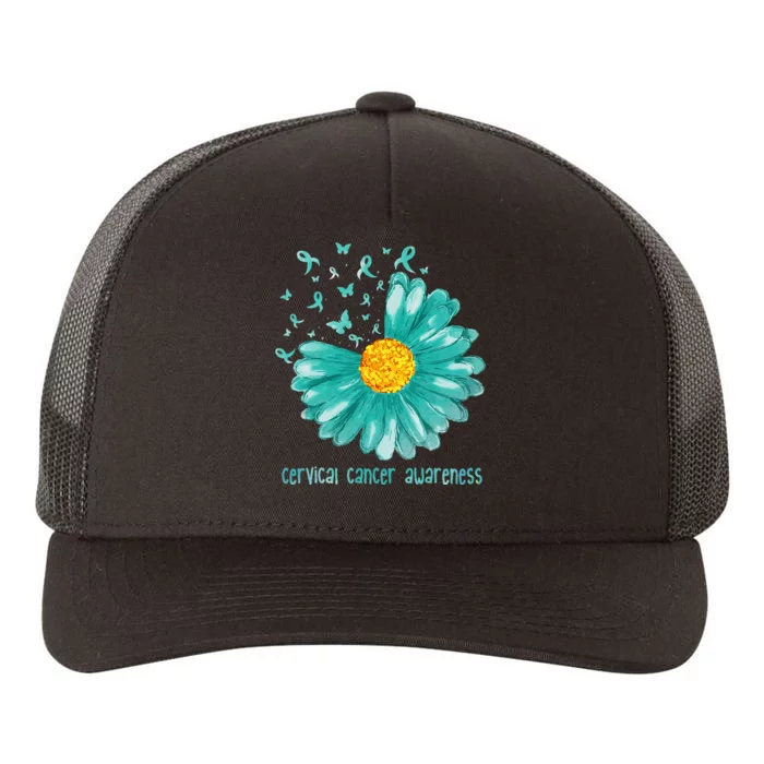 Daisy Butterfly Teal Ribbon Cervical Cancer Awareness Yupoong Adult 5-Panel Trucker Hat