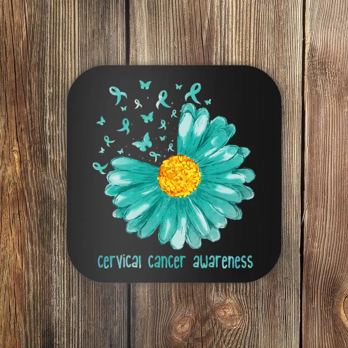 Daisy Butterfly Teal Ribbon Cervical Cancer Awareness Coaster