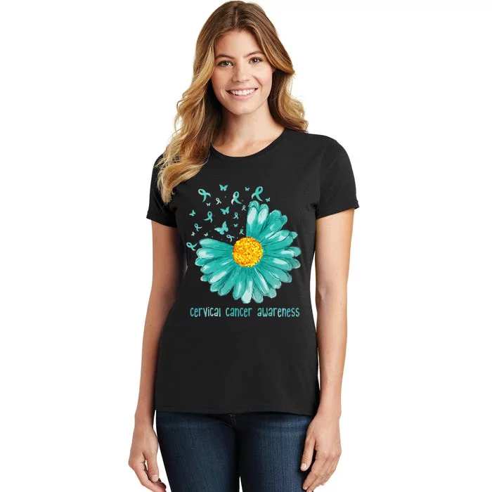 Daisy Butterfly Teal Ribbon Cervical Cancer Awareness Women's T-Shirt