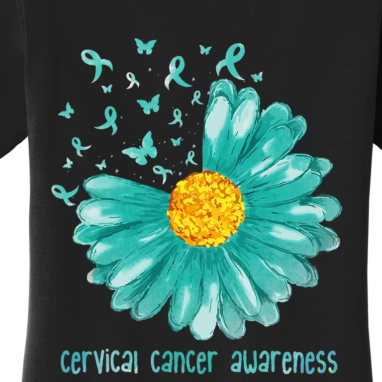 Daisy Butterfly Teal Ribbon Cervical Cancer Awareness Women's T-Shirt