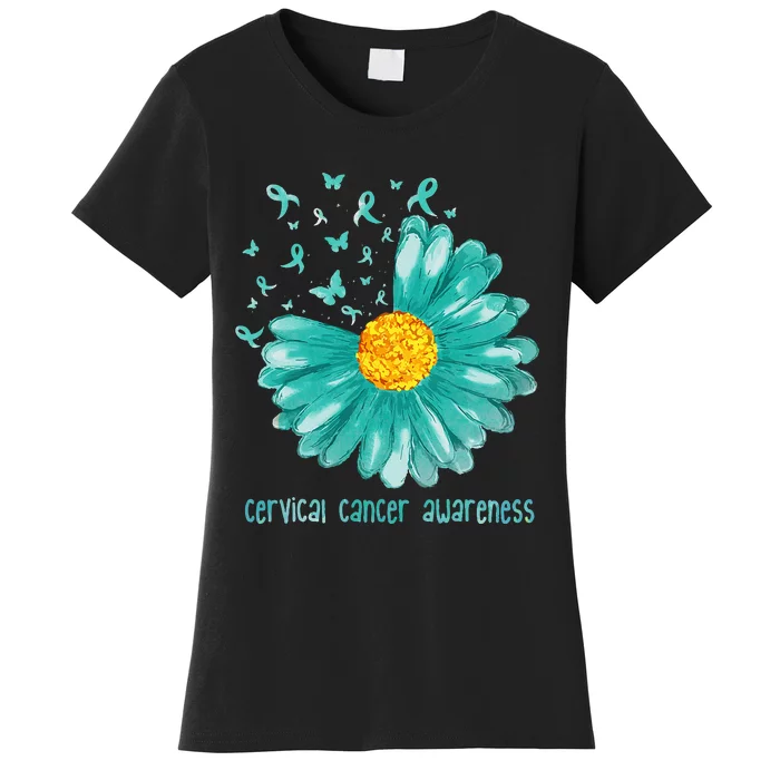 Daisy Butterfly Teal Ribbon Cervical Cancer Awareness Women's T-Shirt