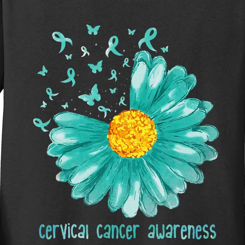 Daisy Butterfly Teal Ribbon Cervical Cancer Awareness Kids Long Sleeve Shirt