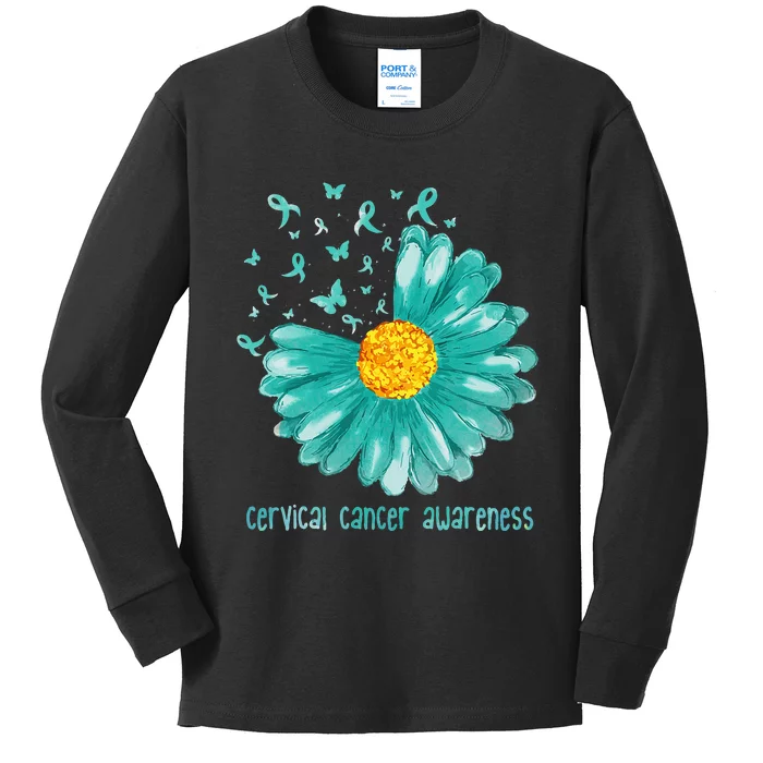 Daisy Butterfly Teal Ribbon Cervical Cancer Awareness Kids Long Sleeve Shirt