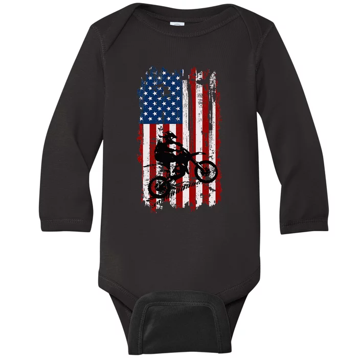 Dirt Bike Usa Flag Motocross American Flag Baby Long Sleeve Bodysuit