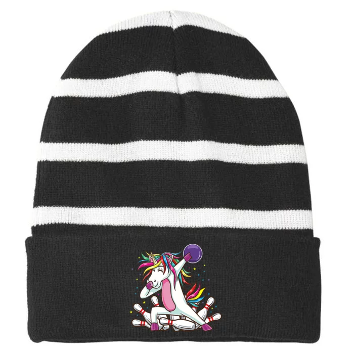 Dabbing Bowling Unicorn for Bowling Team Birthday Striped Beanie with Solid Band