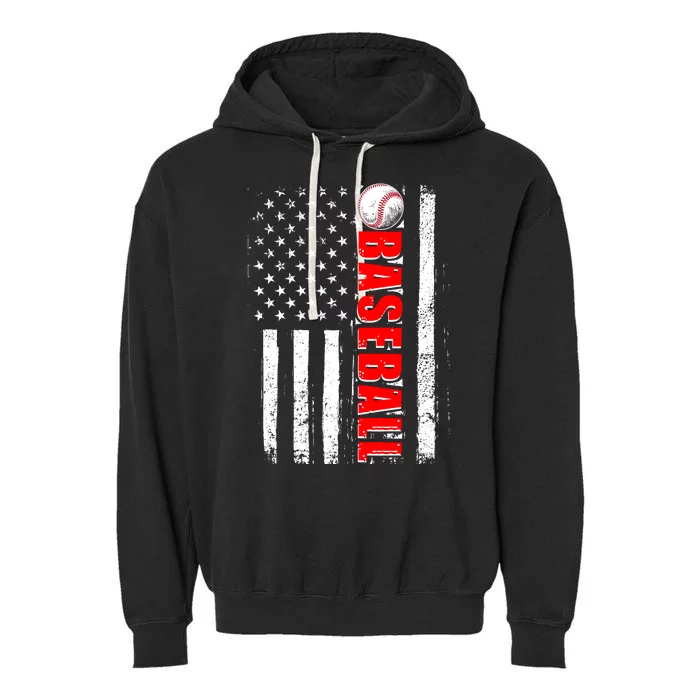 Distressed Baseball USA American Flag Garment-Dyed Fleece Hoodie