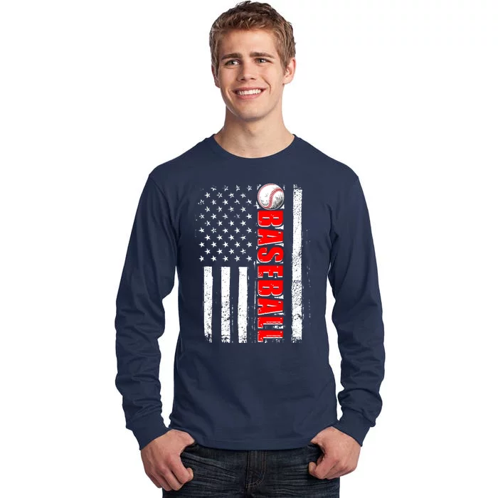 Distressed Baseball USA American Flag Tall Long Sleeve T-Shirt