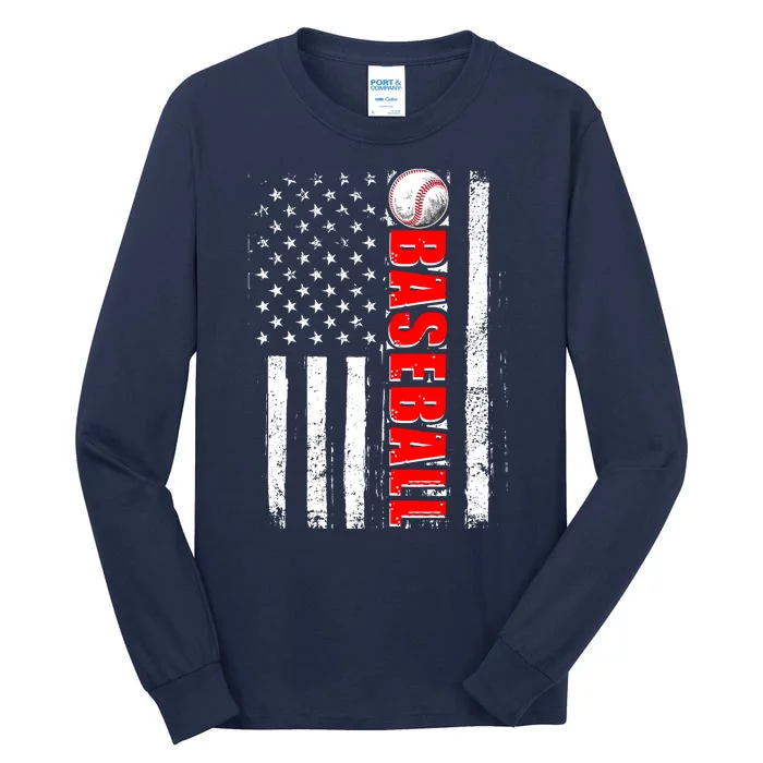 Distressed Baseball USA American Flag Tall Long Sleeve T-Shirt