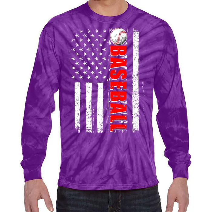 Distressed Baseball USA American Flag Tie-Dye Long Sleeve Shirt