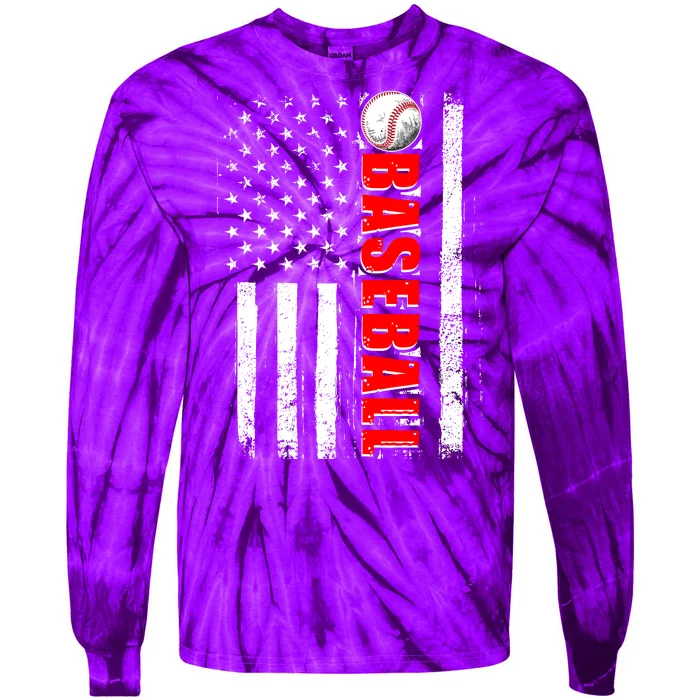 Distressed Baseball USA American Flag Tie-Dye Long Sleeve Shirt