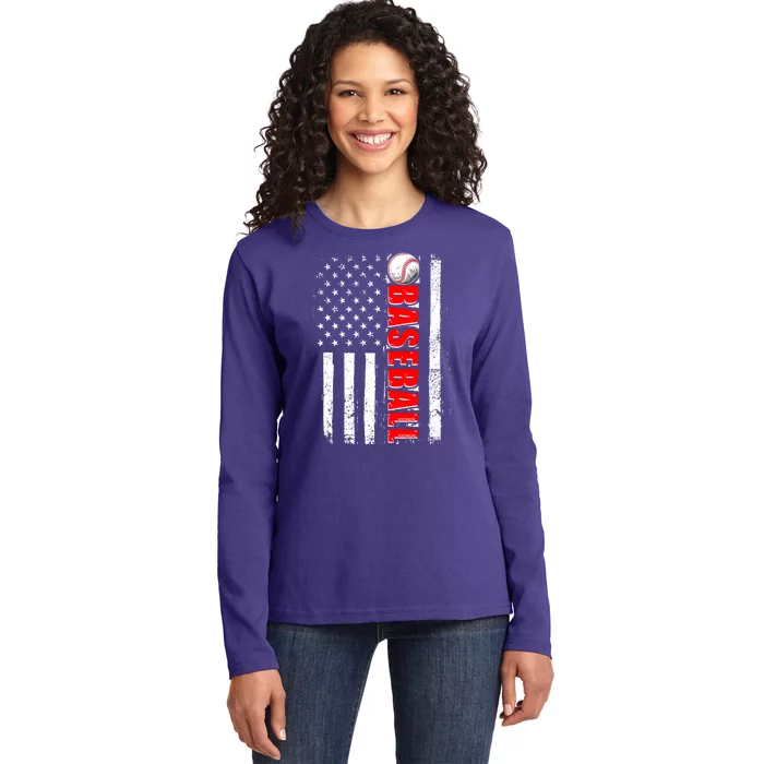 Distressed Baseball USA American Flag Ladies Long Sleeve Shirt