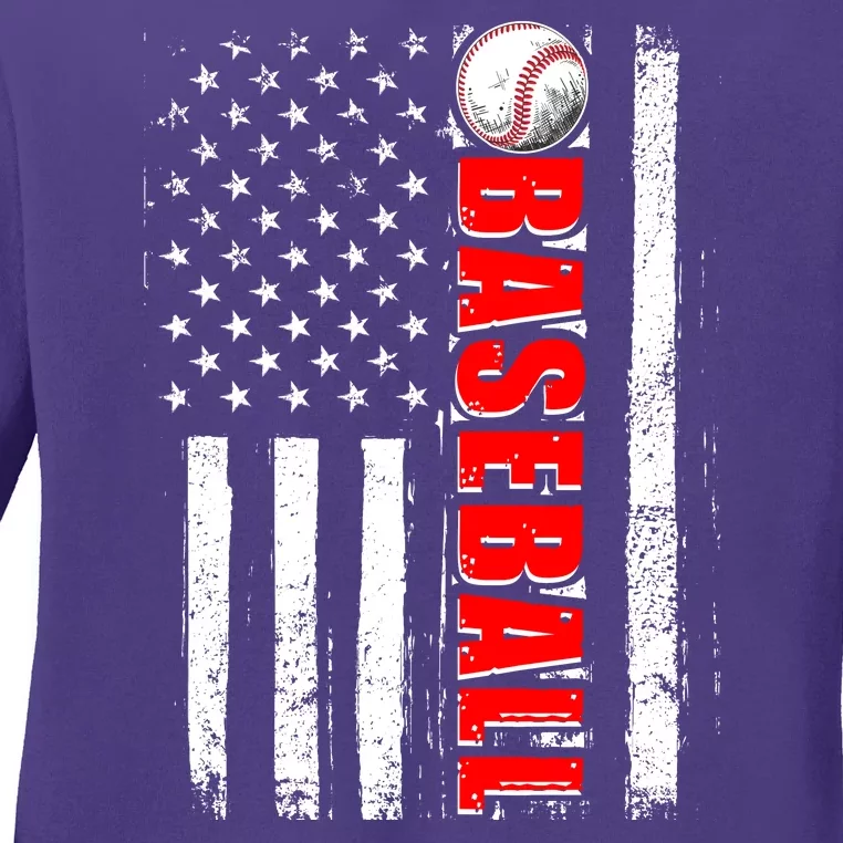 Distressed Baseball USA American Flag Ladies Long Sleeve Shirt