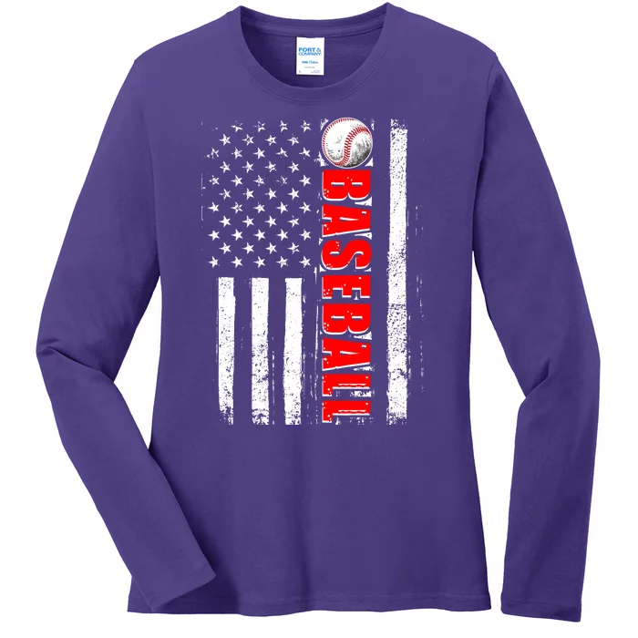 Distressed Baseball USA American Flag Ladies Long Sleeve Shirt