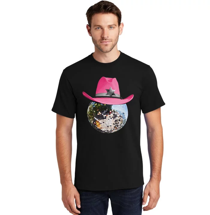 Disco Ball Wearing Pink Cowboy Hat Club Retro Tall T-Shirt