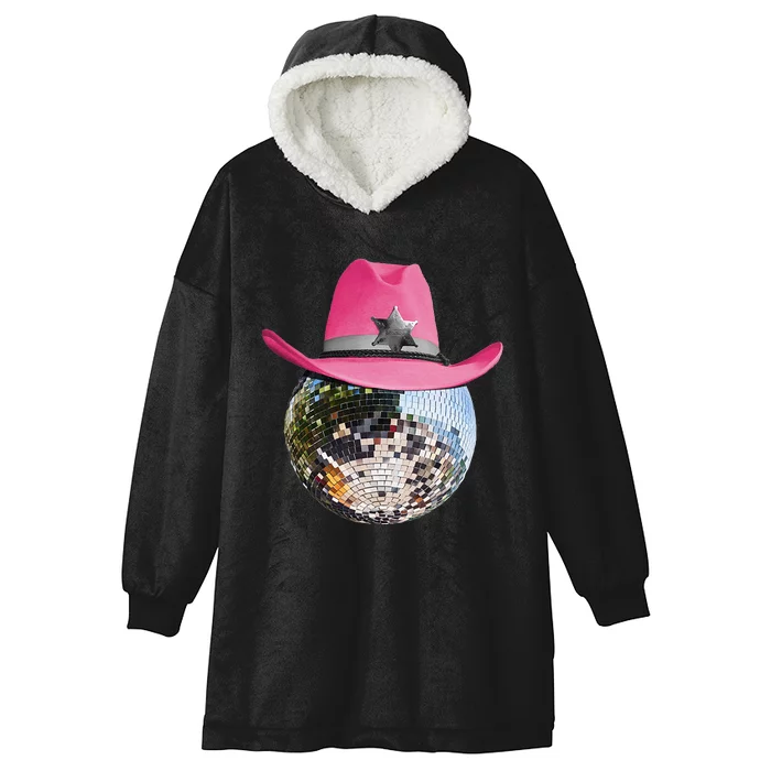 Disco Ball Wearing Pink Cowboy Hat Club Retro Hooded Wearable Blanket