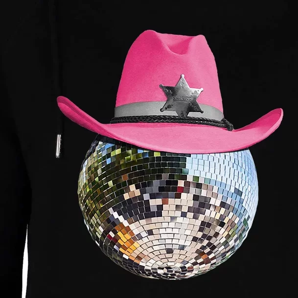 Disco Ball Wearing Pink Cowboy Hat Club Retro Womens Funnel Neck Pullover Hood