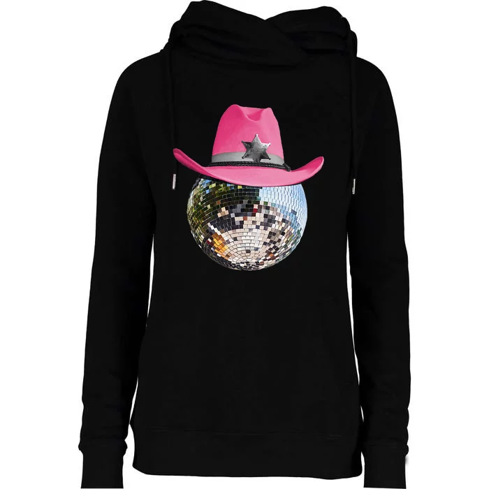 Disco Ball Wearing Pink Cowboy Hat Club Retro Womens Funnel Neck Pullover Hood