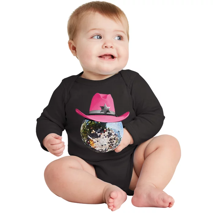 Disco Ball Wearing Pink Cowboy Hat Club Retro Baby Long Sleeve Bodysuit