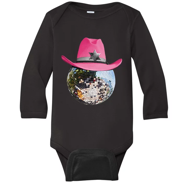 Disco Ball Wearing Pink Cowboy Hat Club Retro Baby Long Sleeve Bodysuit