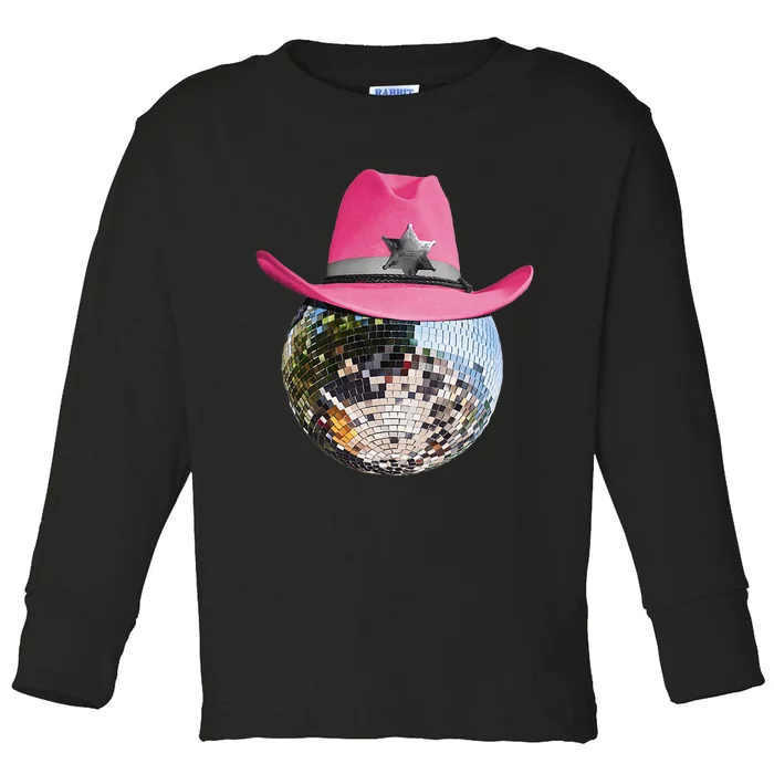 Disco Ball Wearing Pink Cowboy Hat Club Retro Toddler Long Sleeve Shirt