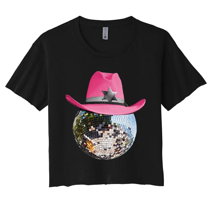 Disco Ball Wearing Pink Cowboy Hat Club Retro Women's Crop Top Tee