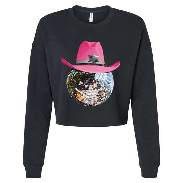 Disco Ball Wearing Pink Cowboy Hat Club Retro Cropped Pullover Crew