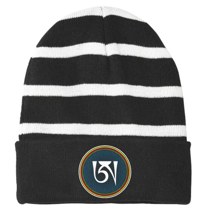 Dzogchen Buddhism White Ah Symbol Striped Beanie with Solid Band