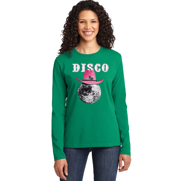 Disco Ball Wearing Cowboy Hat Club Ladies Long Sleeve Shirt