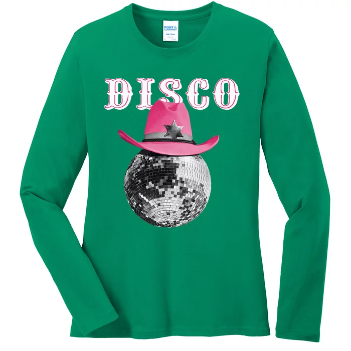 Disco Ball Wearing Cowboy Hat Club Ladies Long Sleeve Shirt